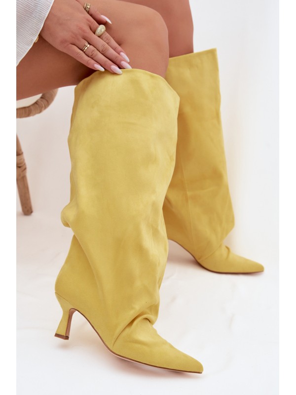 Yellow Harela Wide Shaft Boots with Ruffles on Heel
