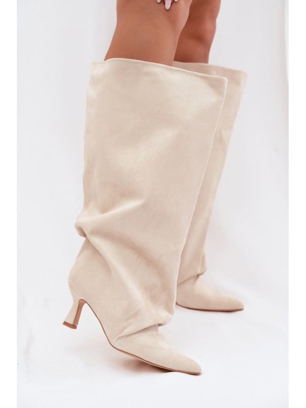Beige Harela Wide Shaft Boots With Ruffles On Heel 2
