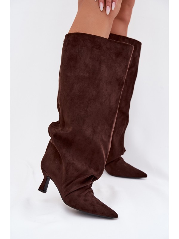 Harela Wide Shaft Boots with Ruffles on Heel Chocolate