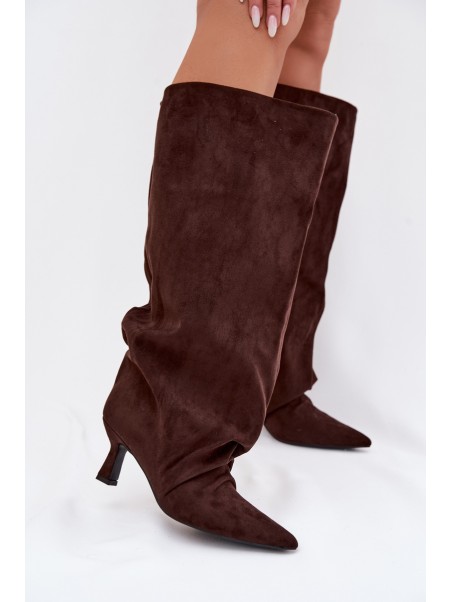 Harela Wide Shaft Boots with Ruffles on Heel Chocolate