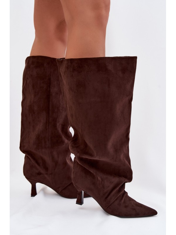 Harela Wide Shaft Boots with Ruffles on Heel Chocolate
