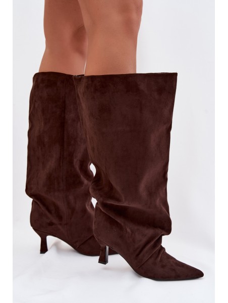 Harela Wide Shaft Boots with Ruffles on Heel Chocolate