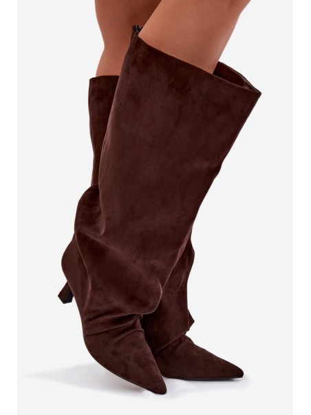 Harela Wide Shaft Boots with Ruffles on Heel Chocolate