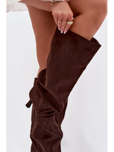 Harela Wide Shaft Boots with Ruffles on Heel Chocolate