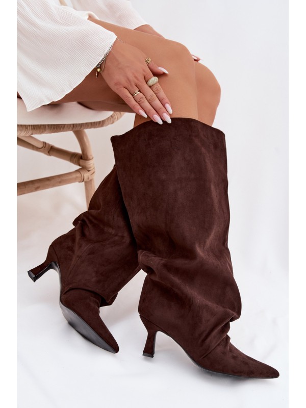Harela Wide Shaft Boots with Ruffles on Heel Chocolate