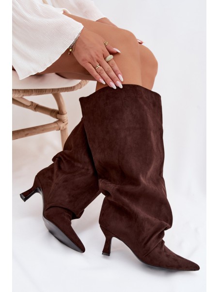 Harela Wide Shaft Boots with Ruffles on Heel Chocolate