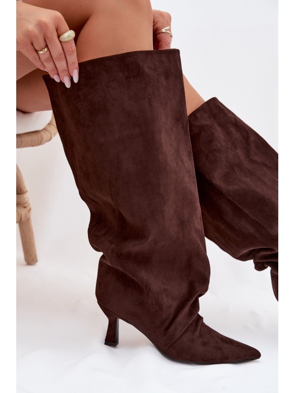 Harela Wide Shaft Boots with Ruffles on Heel Chocolate