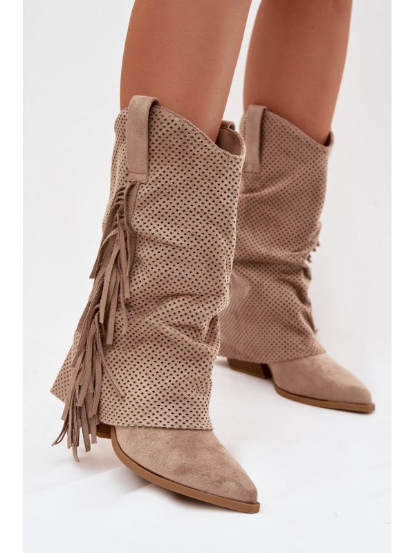 Beige Pireya Cowboy Boots With Fringes Block Heel 2