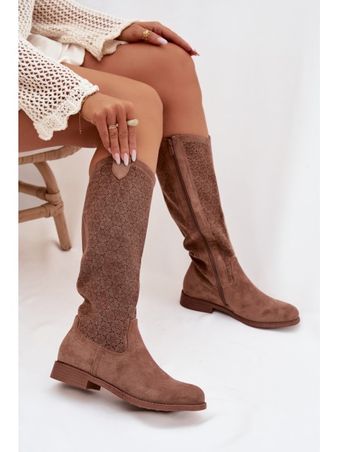 Women's Ankle Boots With Openwork Pattern On Flat Heel S.Barski HY61-8022 Brown