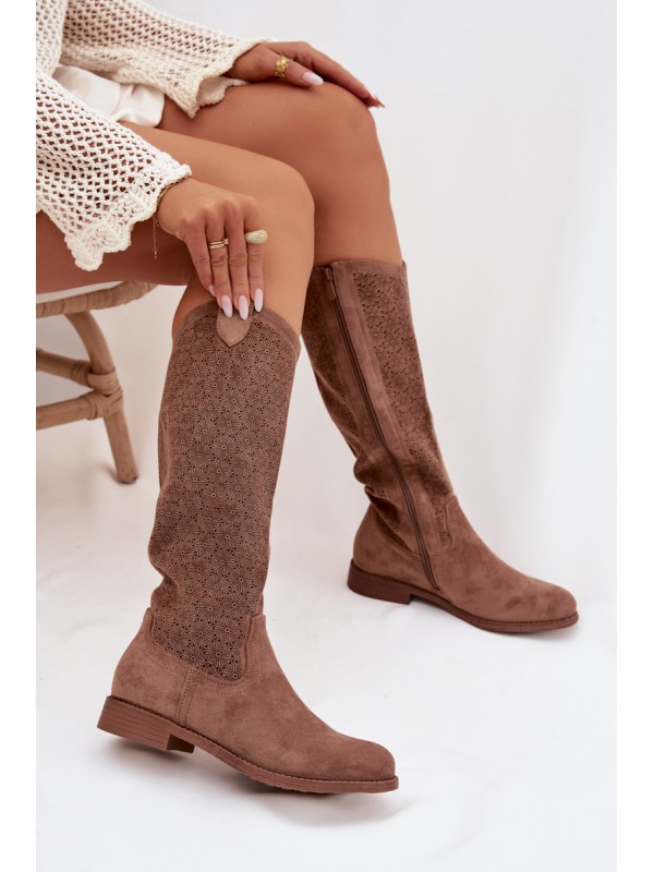 Women's Ankle Boots With Openwork Pattern On Flat Heel S.Barski HY61-8022 Brown