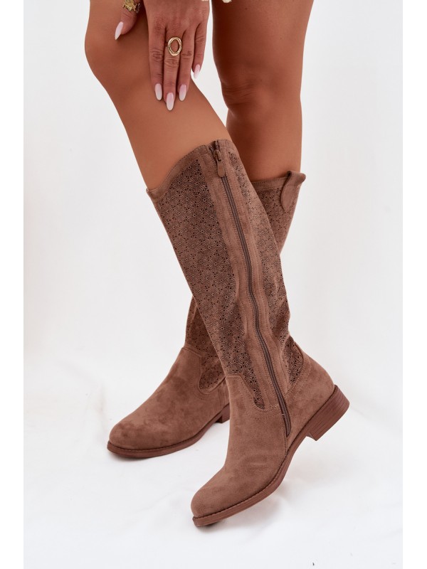 Women's Ankle Boots With Openwork Pattern On Flat Heel S.Barski HY61-8022 Brown