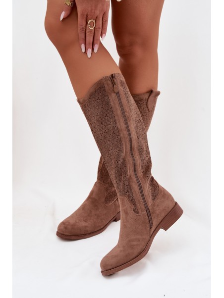Women's Ankle Boots With Openwork Pattern On Flat Heel S.Barski HY61-8022 Brown