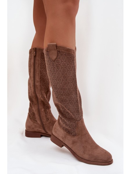 Women's Ankle Boots With Openwork Pattern On Flat Heel S.Barski HY61-8022 Brown