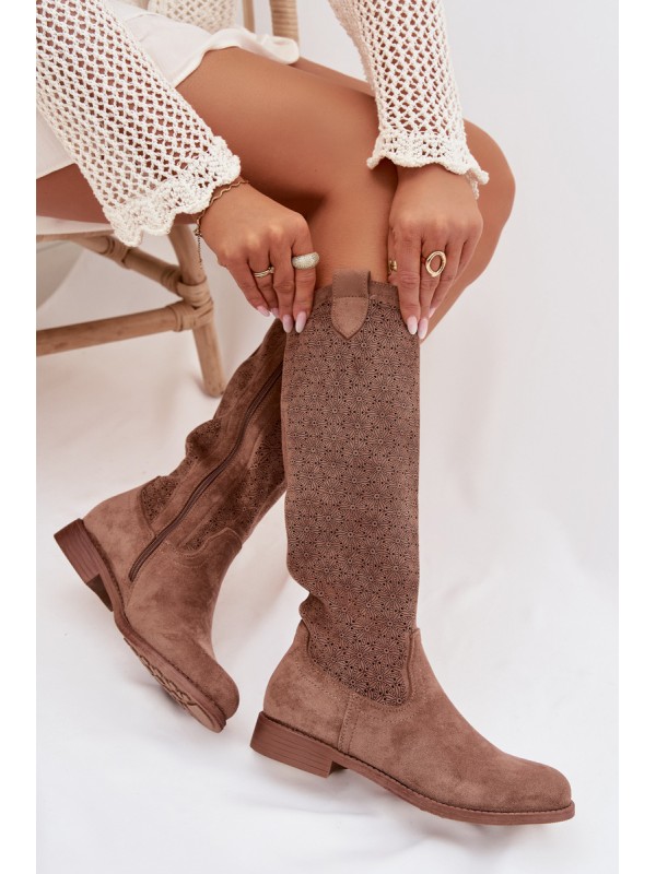 Women's Ankle Boots With Openwork Pattern On Flat Heel S.Barski HY61-8022 Brown