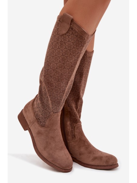 Women's Ankle Boots With Openwork Pattern On Flat Heel S.Barski HY61-8022 Brown