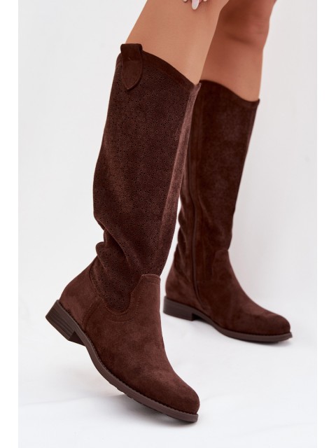 Women's Lace Pattern Ankle Boots With Flat Heel S.Barski HY61-8022 Chocolate