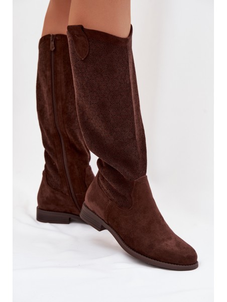 Women's Lace Pattern Ankle Boots With Flat Heel S.Barski HY61-8022 Chocolate