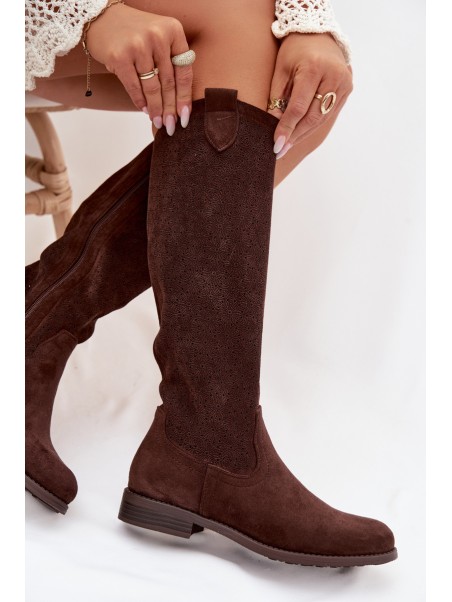 Women's Lace Pattern Ankle Boots With Flat Heel S.Barski HY61-8022 Chocolate
