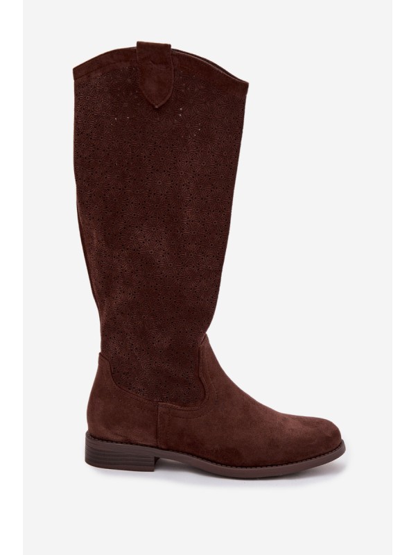 Women's Lace Pattern Ankle Boots With Flat Heel S.Barski HY61-8022 Chocolate