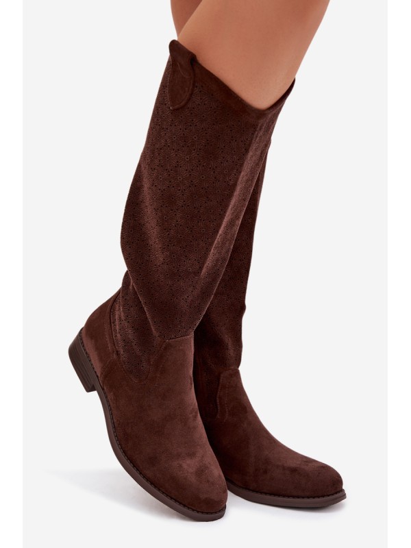 Women's Lace Pattern Ankle Boots With Flat Heel S.Barski HY61-8022 Chocolate