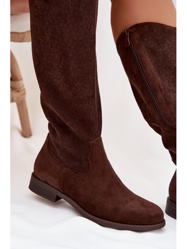 Women's Lace Pattern Ankle Boots With Flat Heel S.Barski HY61-8022 Chocolate