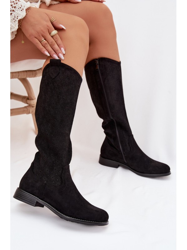 Women's Lace Pattern Flat Heel Boots S.Barski HY61-8022 Black