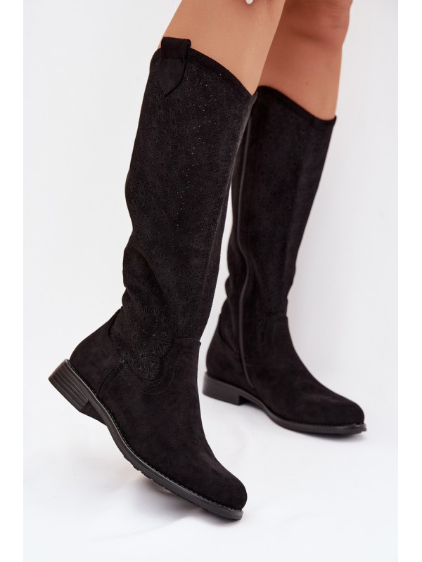 Women's Lace Pattern Flat Heel Boots S.Barski HY61-8022 Black 2