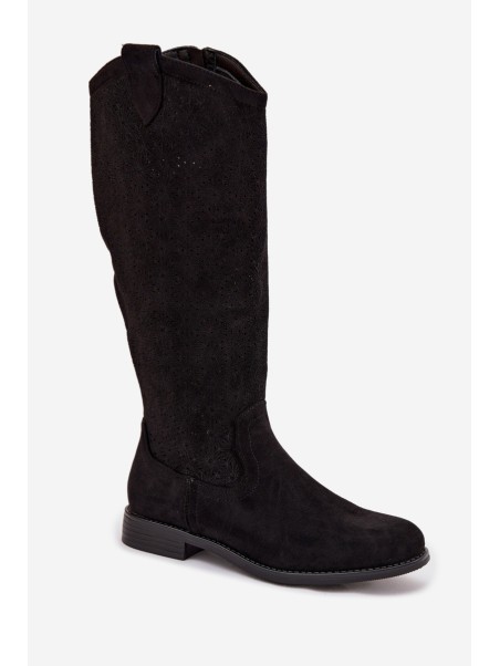 Women's Lace Pattern Flat Heel Boots S.Barski HY61-8022 Black