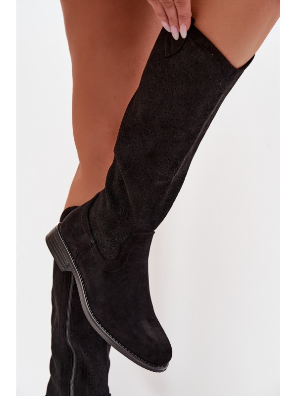 Women's Lace Pattern Flat Heel Boots S.Barski HY61-8022 Black