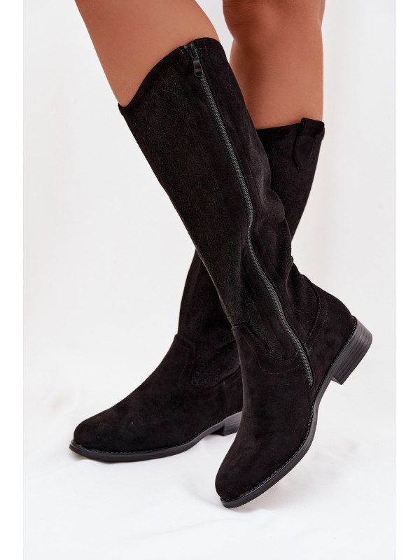 Women's Lace Pattern Flat Heel Boots S.Barski HY61-8022 Black