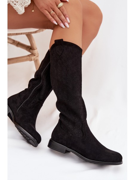 Women's Lace Pattern Flat Heel Boots S.Barski HY61-8022 Black