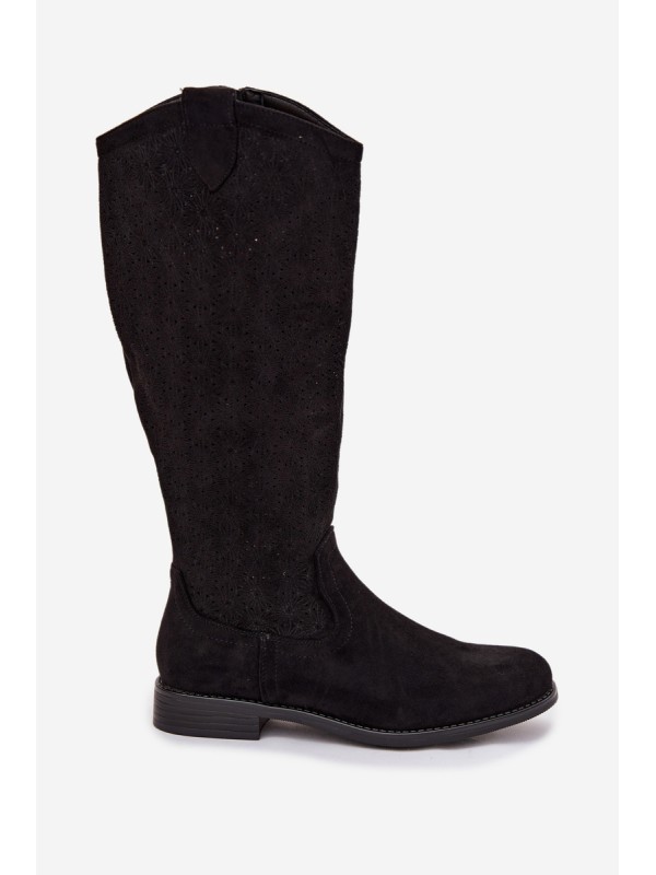 Women's Lace Pattern Flat Heel Boots S.Barski HY61-8022 Black