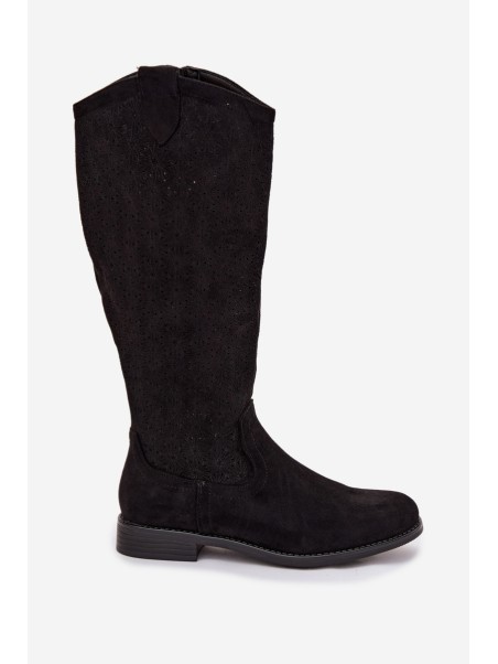 Women's Lace Pattern Flat Heel Boots S.Barski HY61-8022 Black