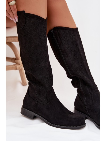 Women's Lace Pattern Flat Heel Boots S.Barski HY61-8022 Black