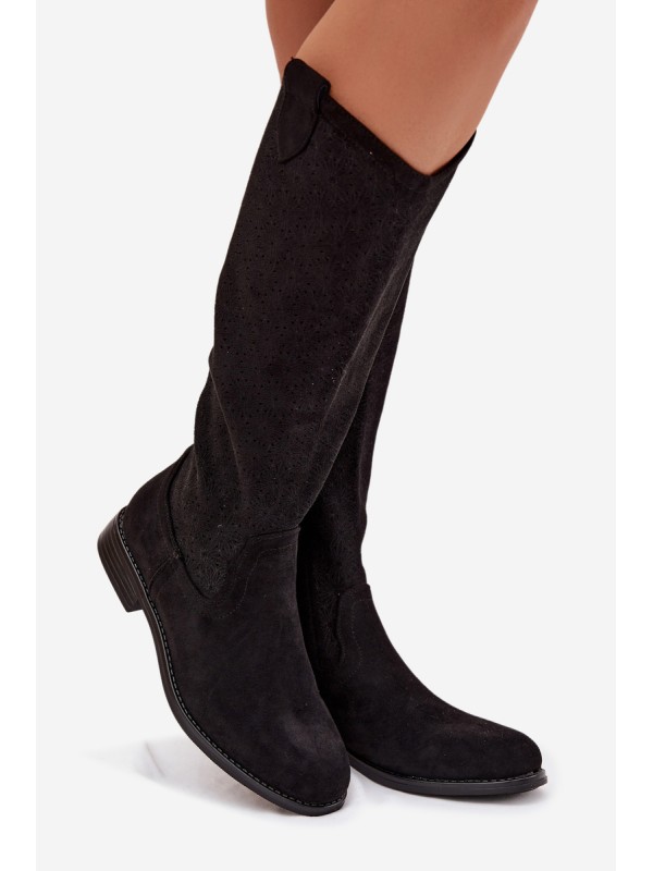 Women's Lace Pattern Flat Heel Boots S.Barski HY61-8022 Black
