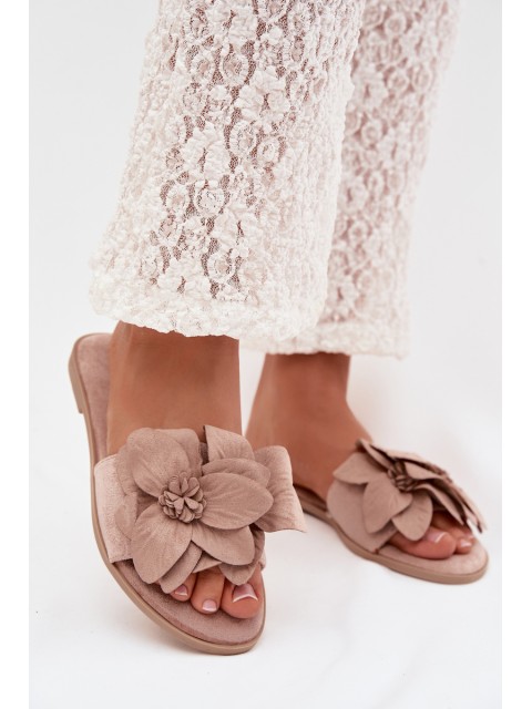 Women's Flat Beige Flower Embellished Slides Elzoria