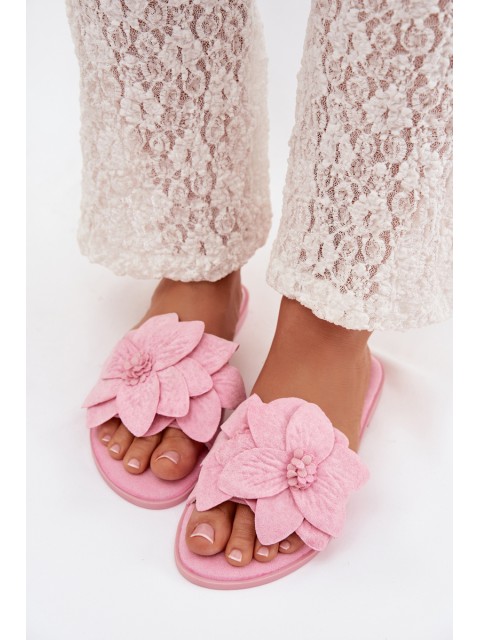 Women's Flat Pink Floral Embellished Slides Elzoria