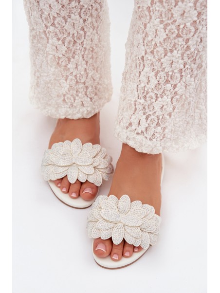 Women's Flat White Decorated Slides Grelora
