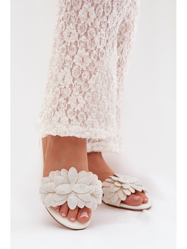 Women's Flat White Decorated Slides Grelora