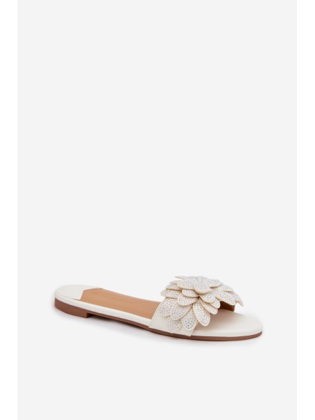Women's Flat White Decorated Slides Grelora