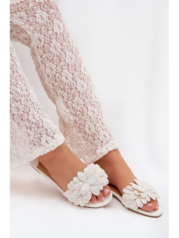 Women's Flat White Decorated Slides Grelora