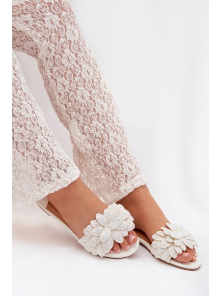 Women's Flat White Decorated Slides Grelora