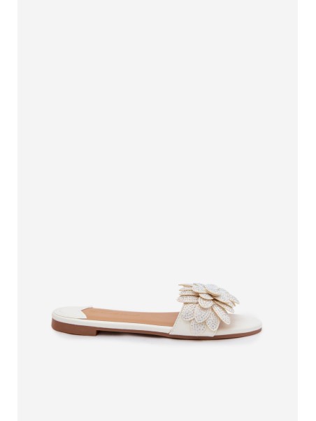 Women's Flat White Decorated Slides Grelora