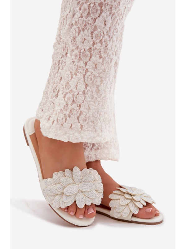 Women's Flat White Decorated Slides Grelora