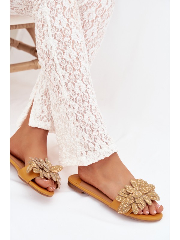 Women's Flat Decorated Yellow Grelora Slides