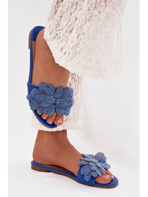 Women's Flat Blue Slides With Embellishment Grelora