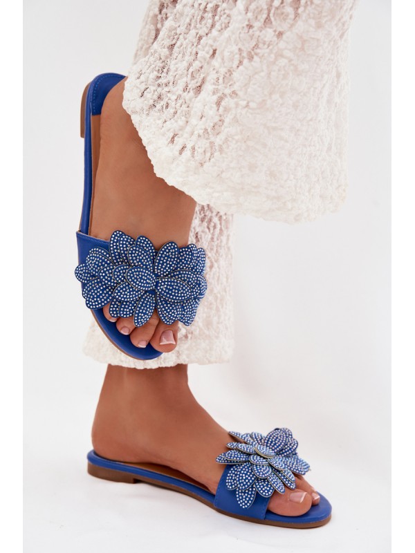 Women's Flat Blue Slides With Embellishment Grelora