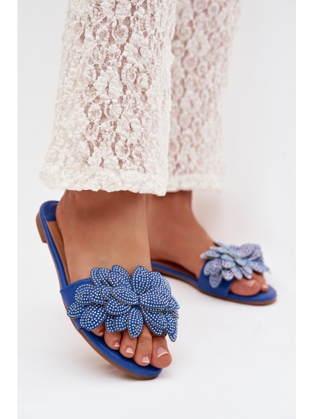 Women's Flat Blue Slides With Embellishment Grelora