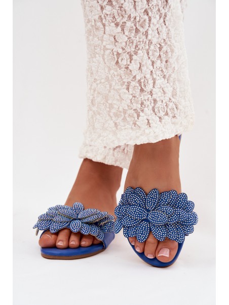 Women's Flat Blue Slides With Embellishment Grelora