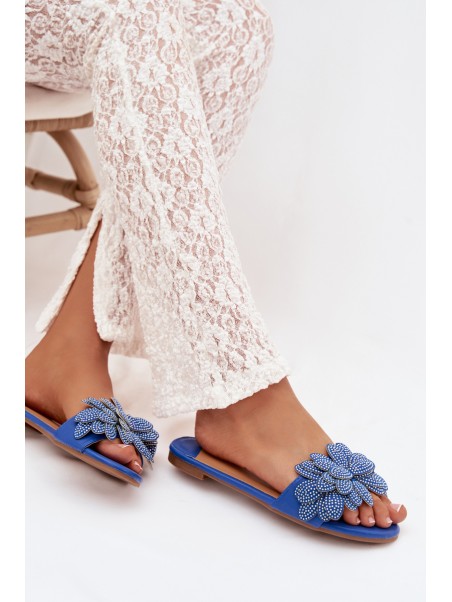 Women's Flat Blue Slides With Embellishment Grelora